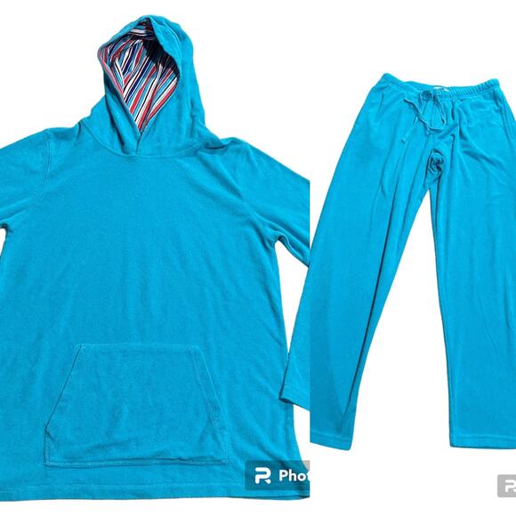The Company Store Terry Cloth Track Suit Womens Med Hoodie Pants 2 Pc Set Blue - Picture 1 of 16